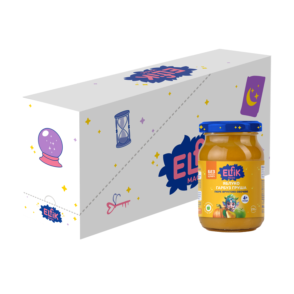 

Уцінка! Дитяче фруктове пюре Elfik Magic Яблуко, гарбуз та груша, без доданого цукру, від 4 місяців, 12*170 г