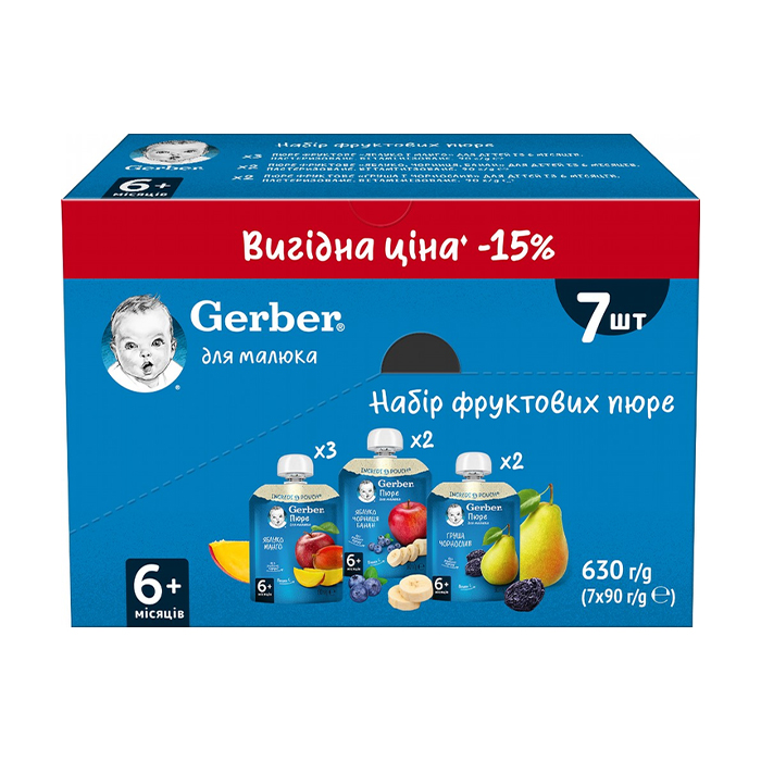 

Уцінка! Набір дитячих фруктових пюре Gerber від 6 місяців, 7*90 г