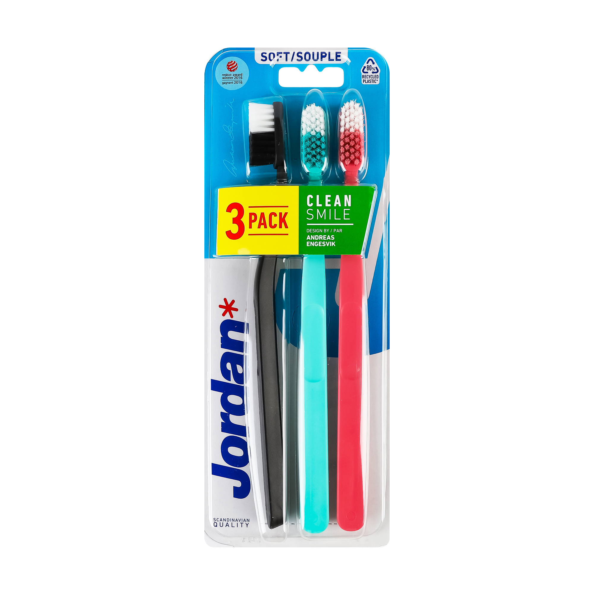 

Набір зубних щіток Jordan Clean Smile м'яких (чорна, 1 шт + бірюзова, 1 шт + рожева, 1 шт)