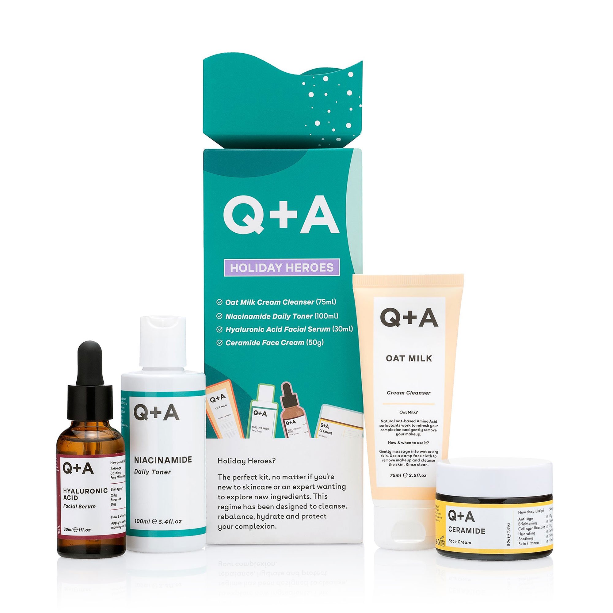 

Уцінка! Подарунковий набір для обличчя Q+A Holiday Heroes Gift Set (очищувальний засіб, 75 мл + тонер, 100 мл + сироватка, 30 мл + крем, 50 г)