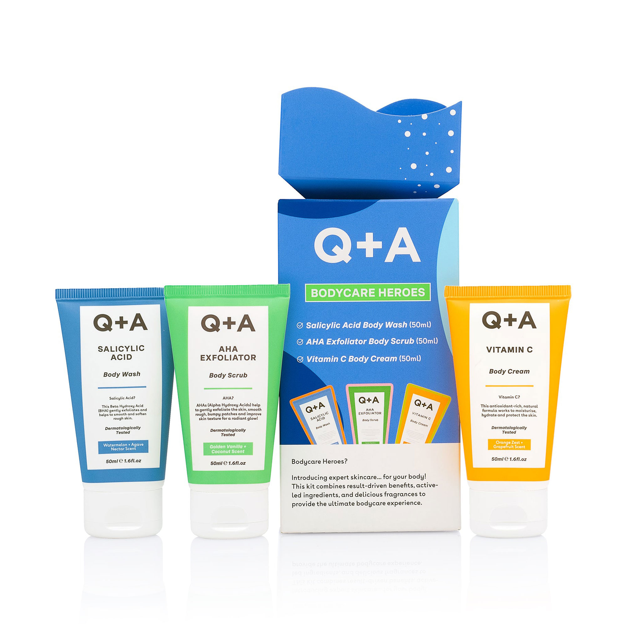 

Уцінка! Подарунковий набір для тіла Q+A Bodycare Heroes Gift Set (гель, 50 мл + скраб, 50 мл + крем, 50 мл)