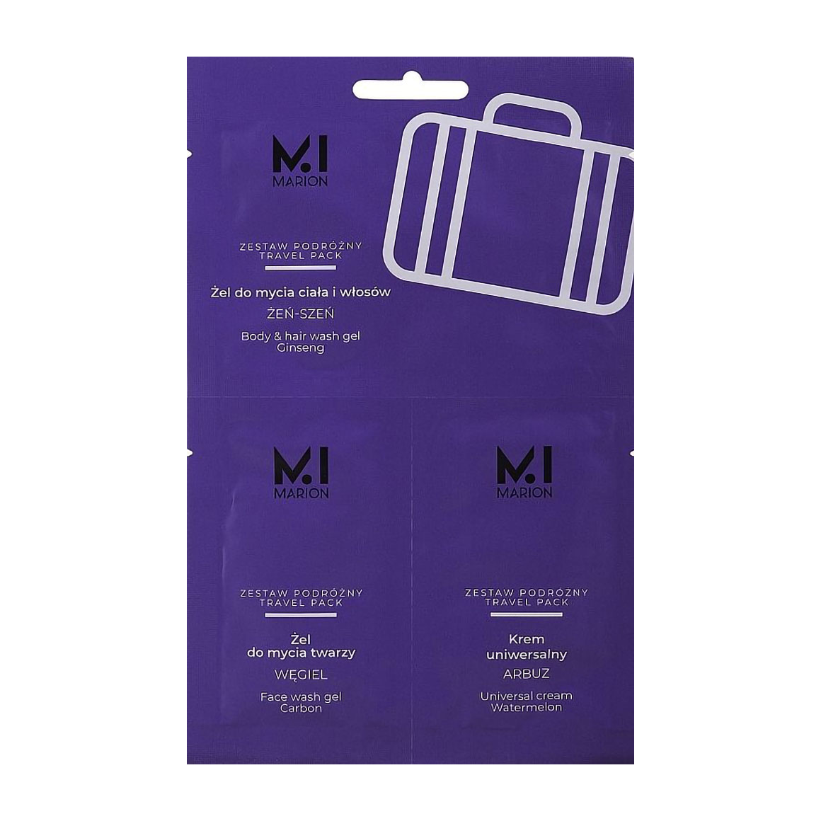

Чоловічий дорожній набір Marion Travel Pack (гель для душу, 10 мл + гель для вмивання, 7 мл + крем, 7 мл)