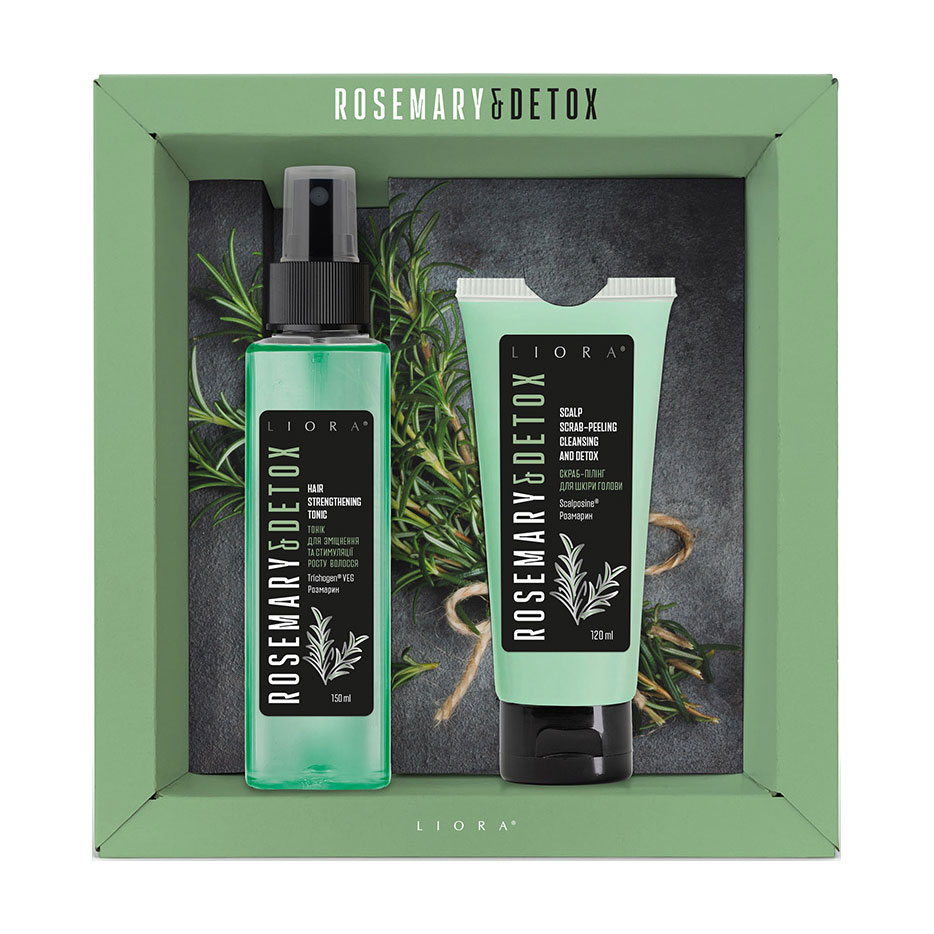 

Уцінка! Косметичний набір Liora Rosemary & Detox (тонік для волосся, 150 мл + скраб-пілінг для шкіри голови, 120 мл)