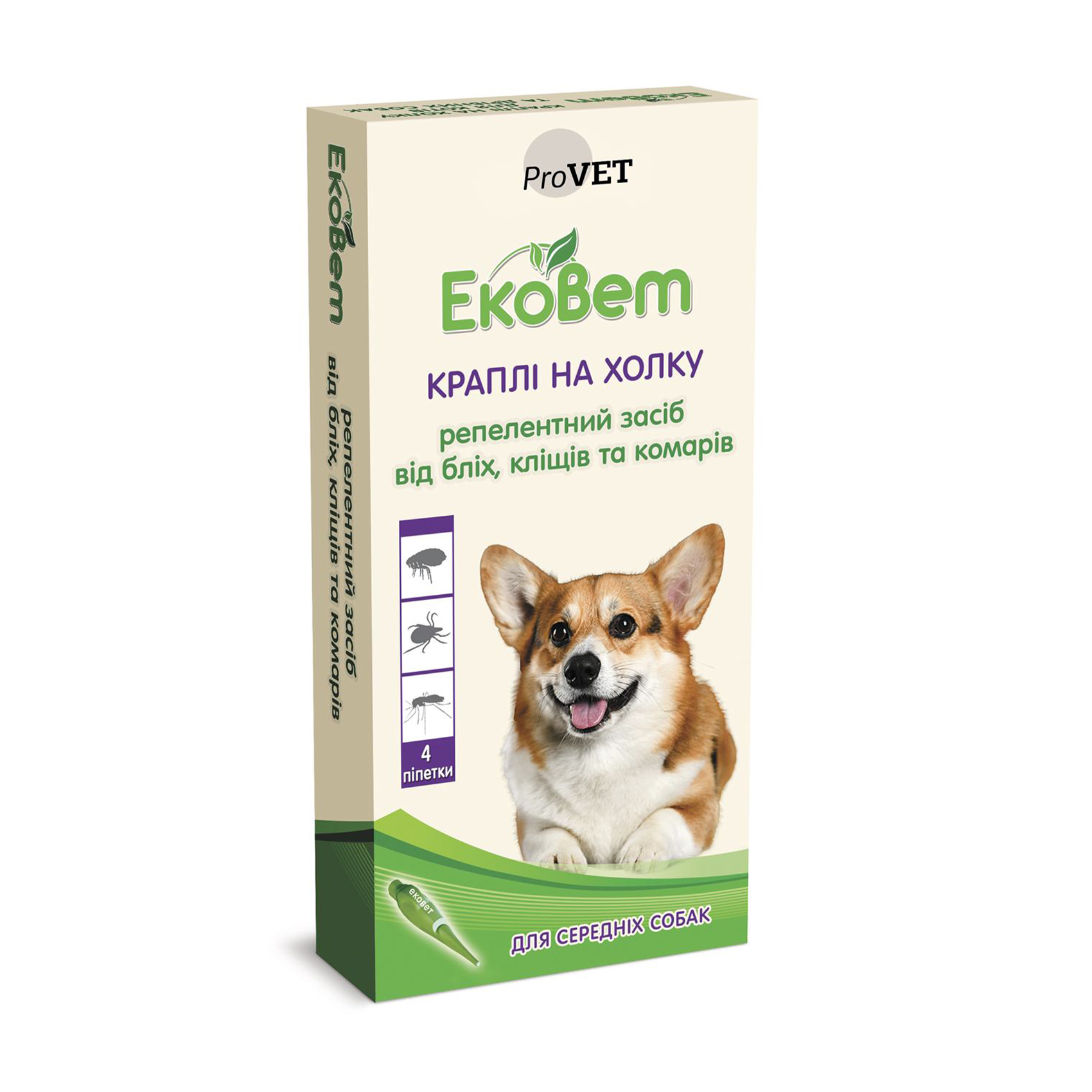 

Репелентні краплі для середніх порід собак ProVET ЕкоВет від бліх, кліщів та комарів, 4*1 мл