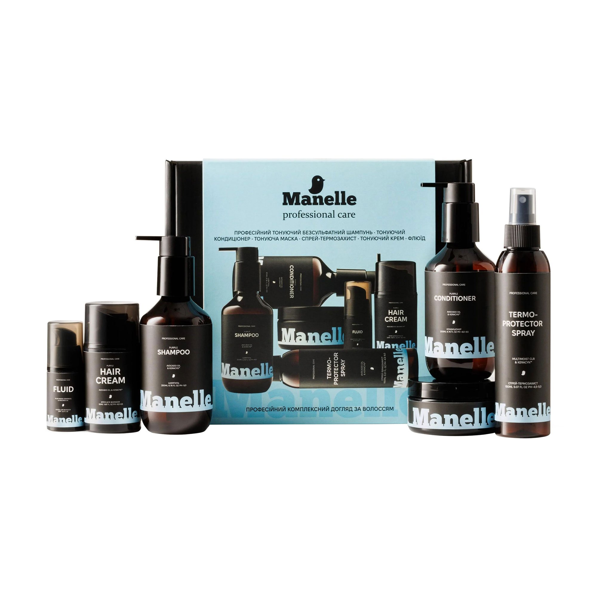 

Уцінка! Набір для волосся Manelle Professional Care (кондиціонер, 200 мл + шампунь, 200 мл + термо-спрей, 150 мл + маска, 100 мл + крем, 50 мл + флюїд, 15 мл)
