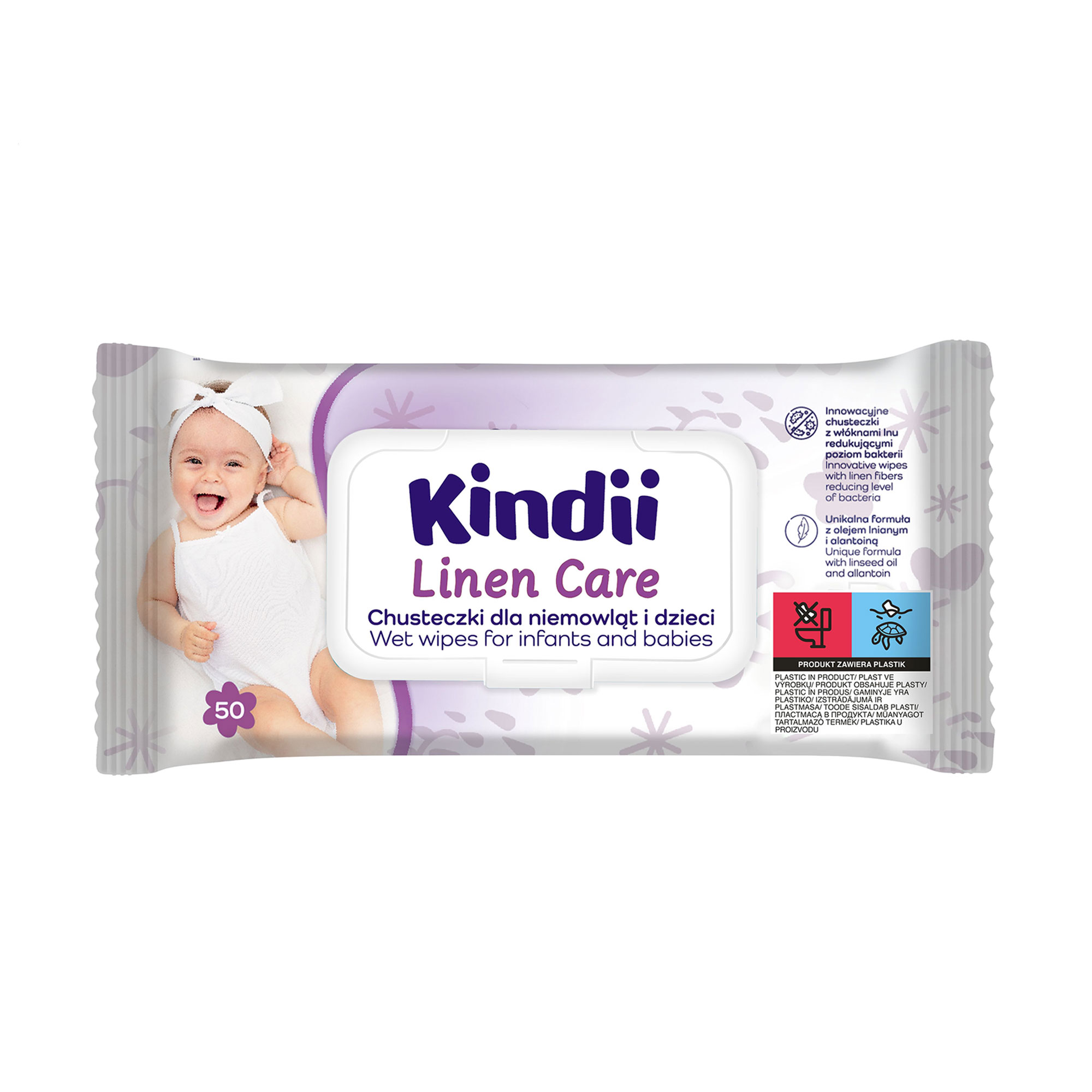 

Уцінка! Вологі серветки для немовлят і дітей Kindii Linen Care з клапаном, 50 шт