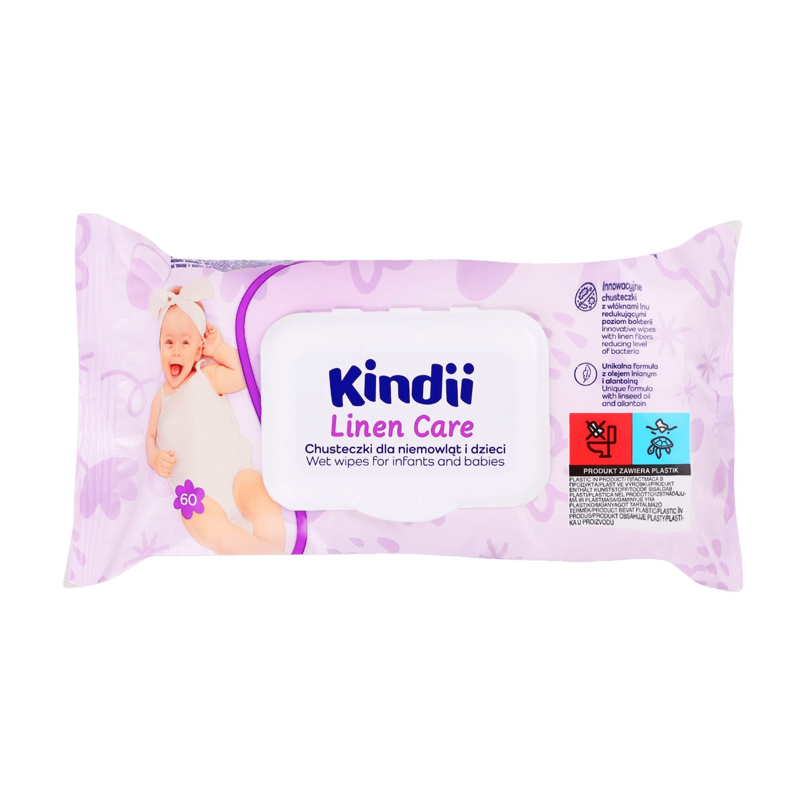 

Вологі серветки для немовлят і дітей Kindii Linen Care з клапаном, 60 шт