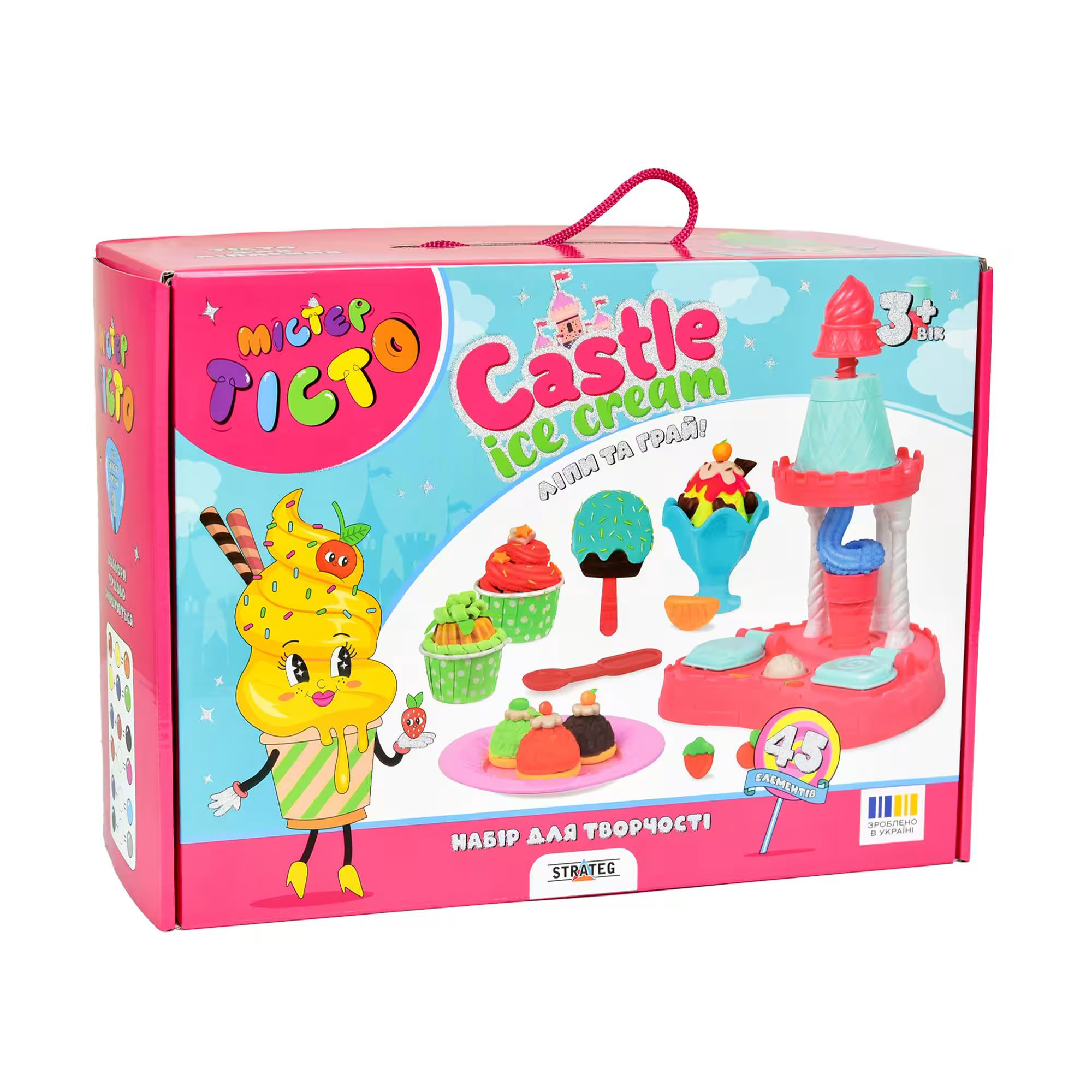 

Набір для творчості Strateg Містер тісто Castle Ice-Cream українською мовою, 31.6*22.8*11 см, від 3 років, 45 елементів (41030)