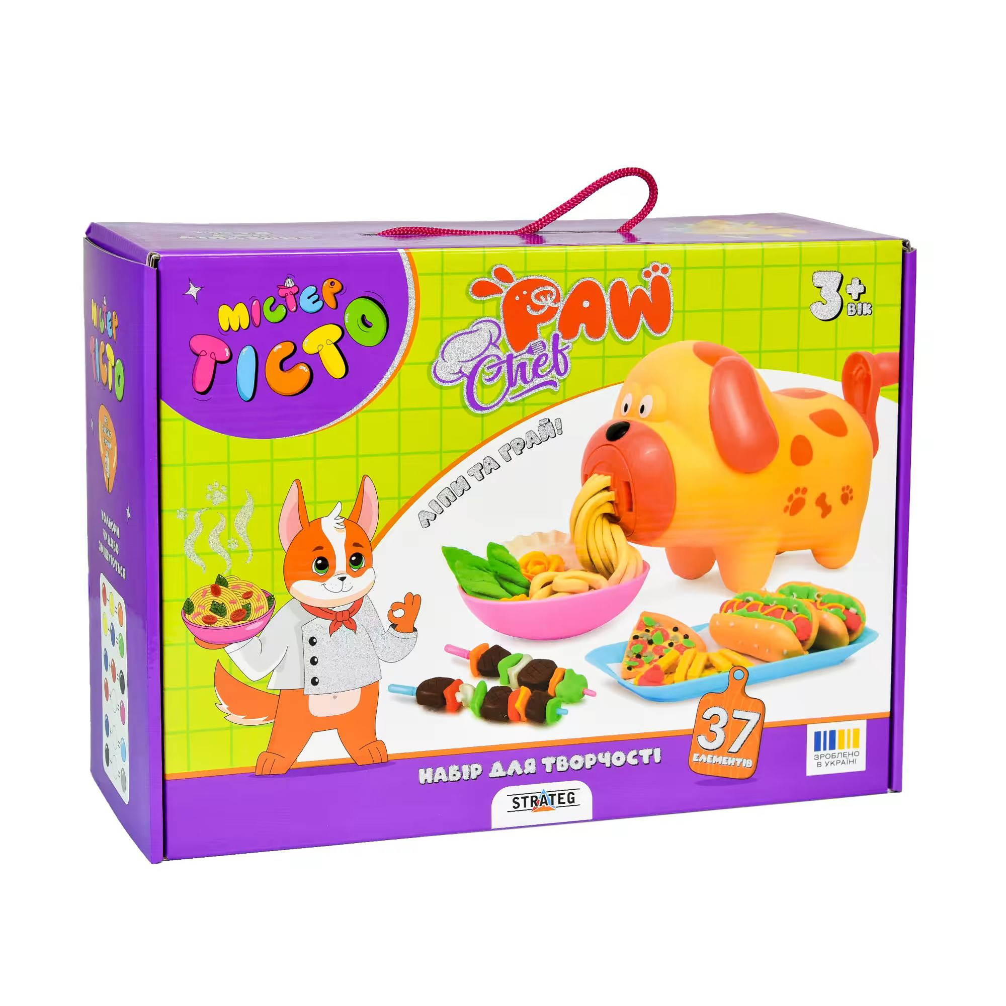 

Набір для творчості Strateg Містер тісто Paw Chef українською мовою, 31.6*22.8*11 см, від 3 років, 37 елементів (41036)