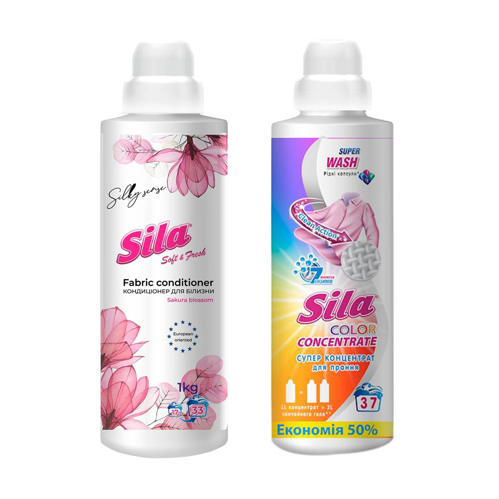 

Уцінка! Набір Sila (суперконцентрат для прання Color, 925 г + кондиціонер-ополіскувач для білизни Soft & Fresh Silky Sense, 925 г)