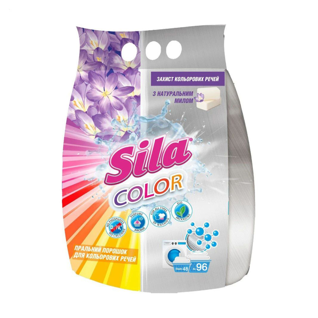 

Уцінка! Пральний порошок Sila Color для кольорових речей, 96 циклів прання, 2.4 кг