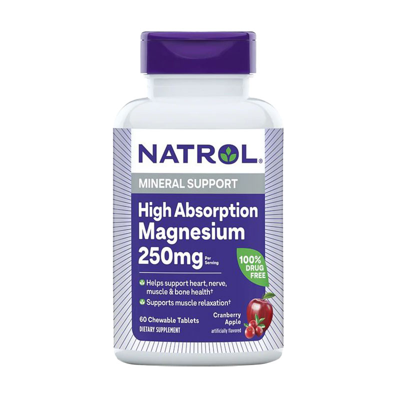 

Магній Natrol High Absorption Magnesium зі смаком яблук та журавлини, 250 мг, 60 жувальних таблеток