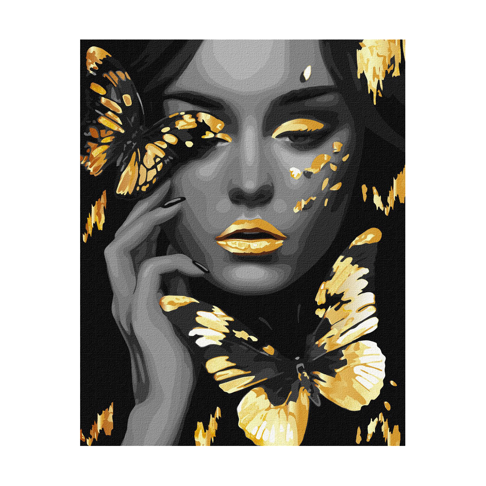 

Картина за номерами Ideyka Дівчина із золотими метеликами з фарбами металік extra, 40*50 см (KHO8307)