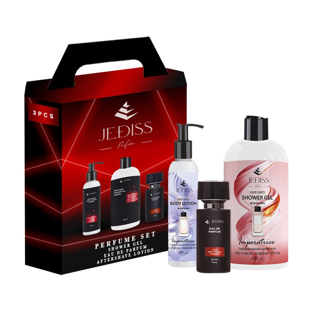 

Уцінка! Парфумований набір жіночий Jediss 102 (гель для душу, 200 мл + парфумована вода, 50 мл + лосьйон, 150 мл)