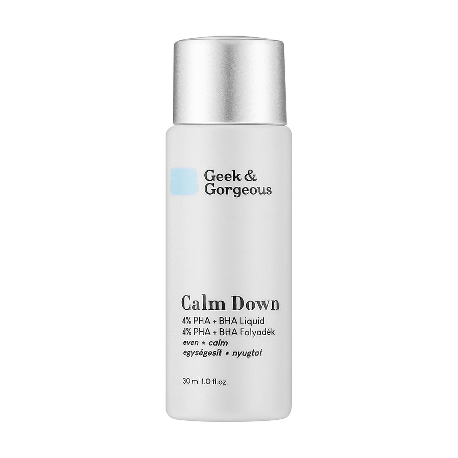 

Ексфоліант для обличчя Geek & Gorgeous Calm Down 4% PHA + BHA Liquid для чутливої шкіри, з кислотами, 30 мл