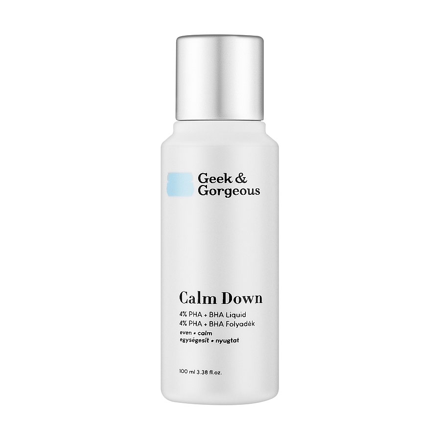 

Уцінка! Ексфоліант для обличчя Geek & Gorgeous Calm Down 4% PHA + BHA Liquid для чутливої шкіри, з кислотами, 100 мл
