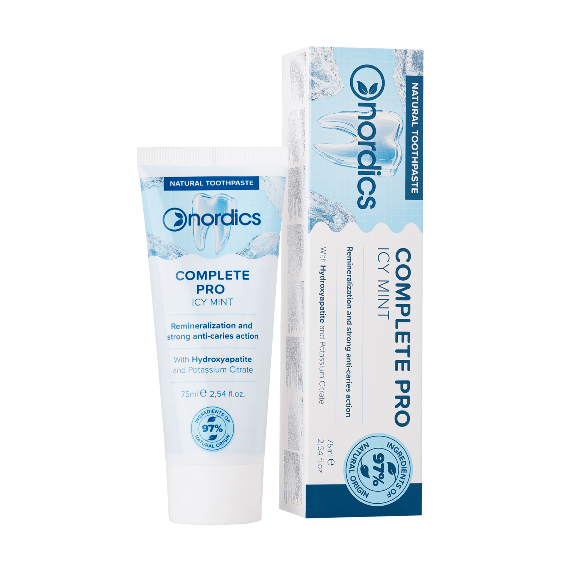 

Натуральна ремінералізувальна зубна паста Nordics Complete PRO з рідкою емаллю, 75 мл