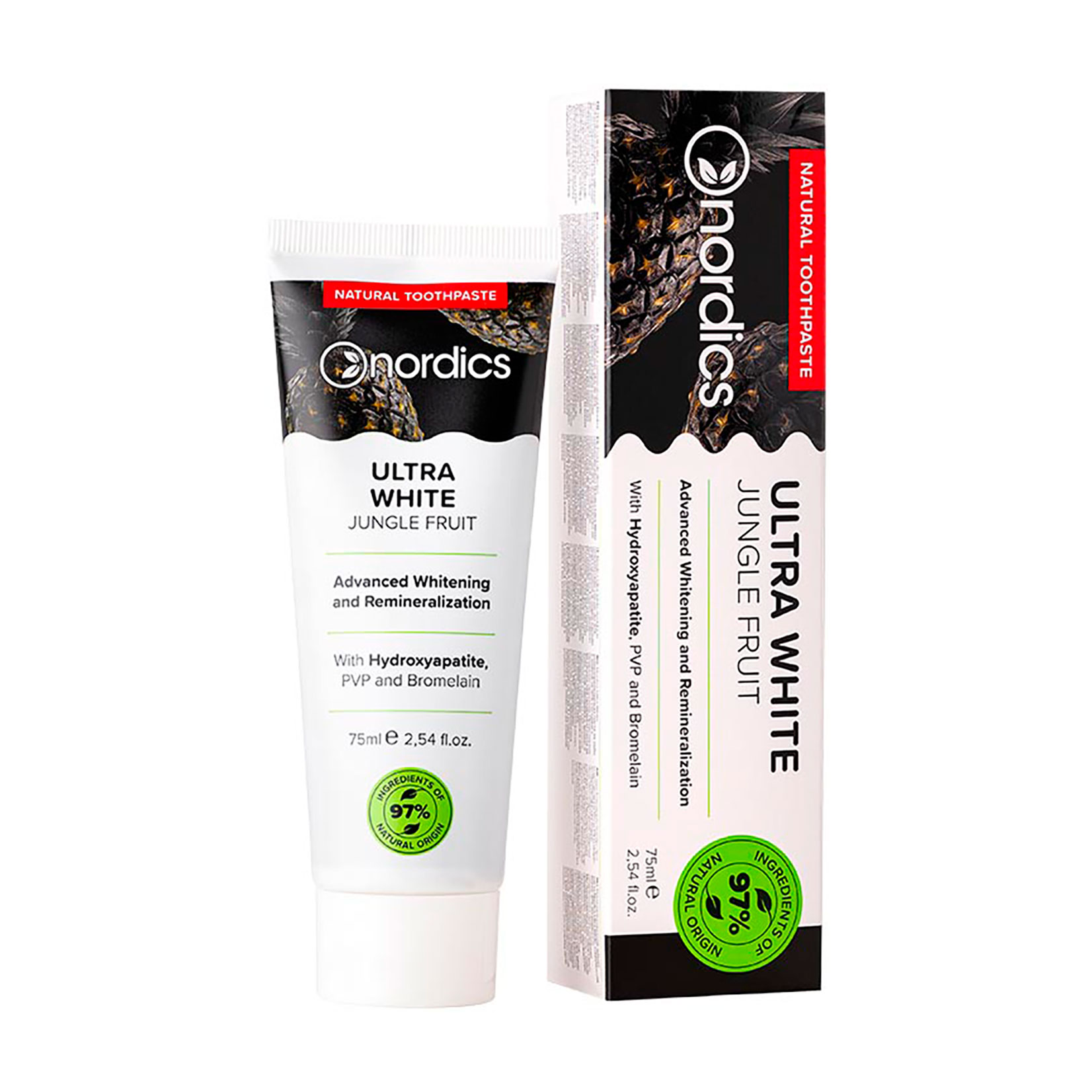 

Натуральна ремінералізувальна зубна паста Nordics з рідкою емаллю та активованим вугіллям, 75 мл