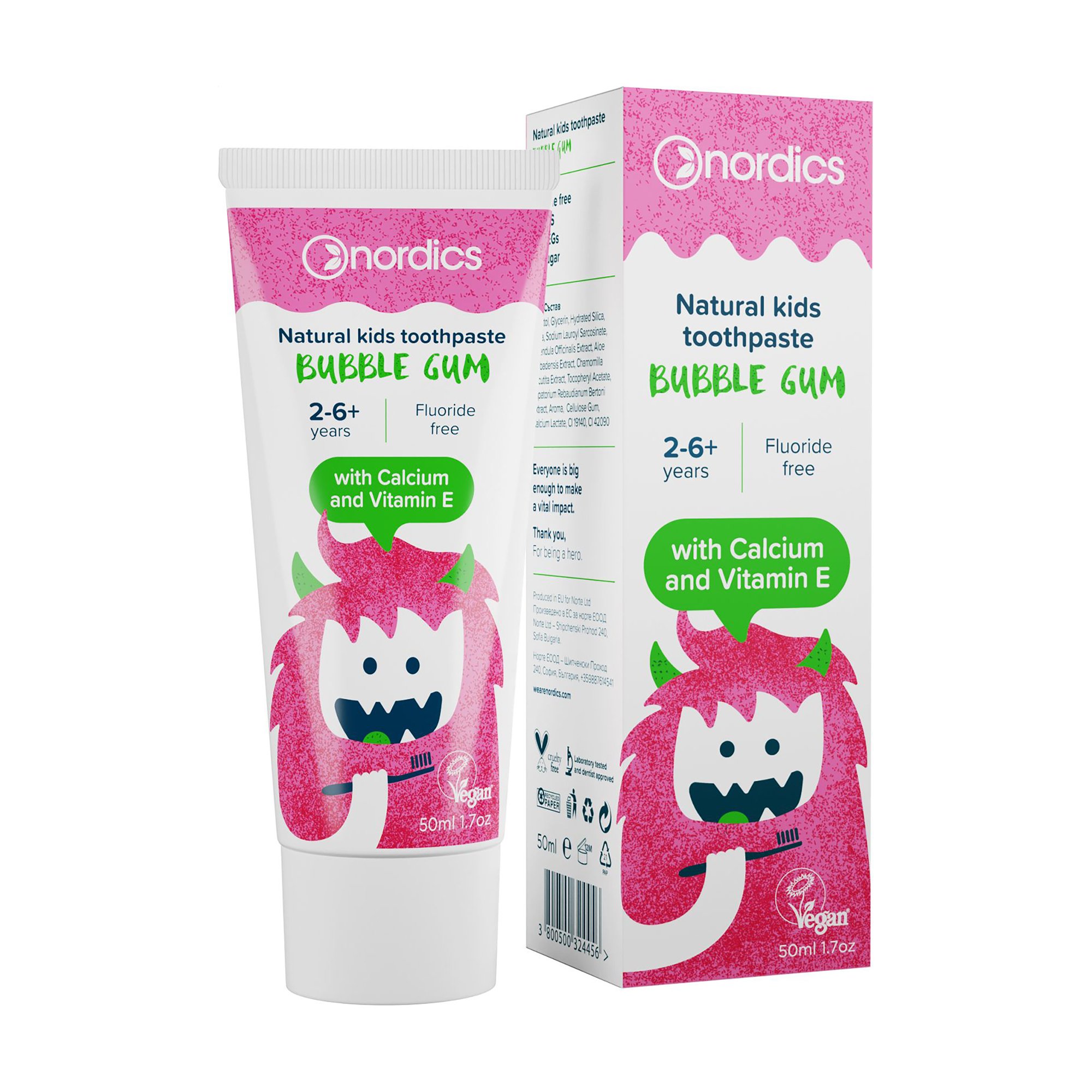 

Дитяча зубна паста Nordics Kids Bubble Gum без фтору, з кальцієм та вітаміном E, від 2 до 6 років, 50 мл