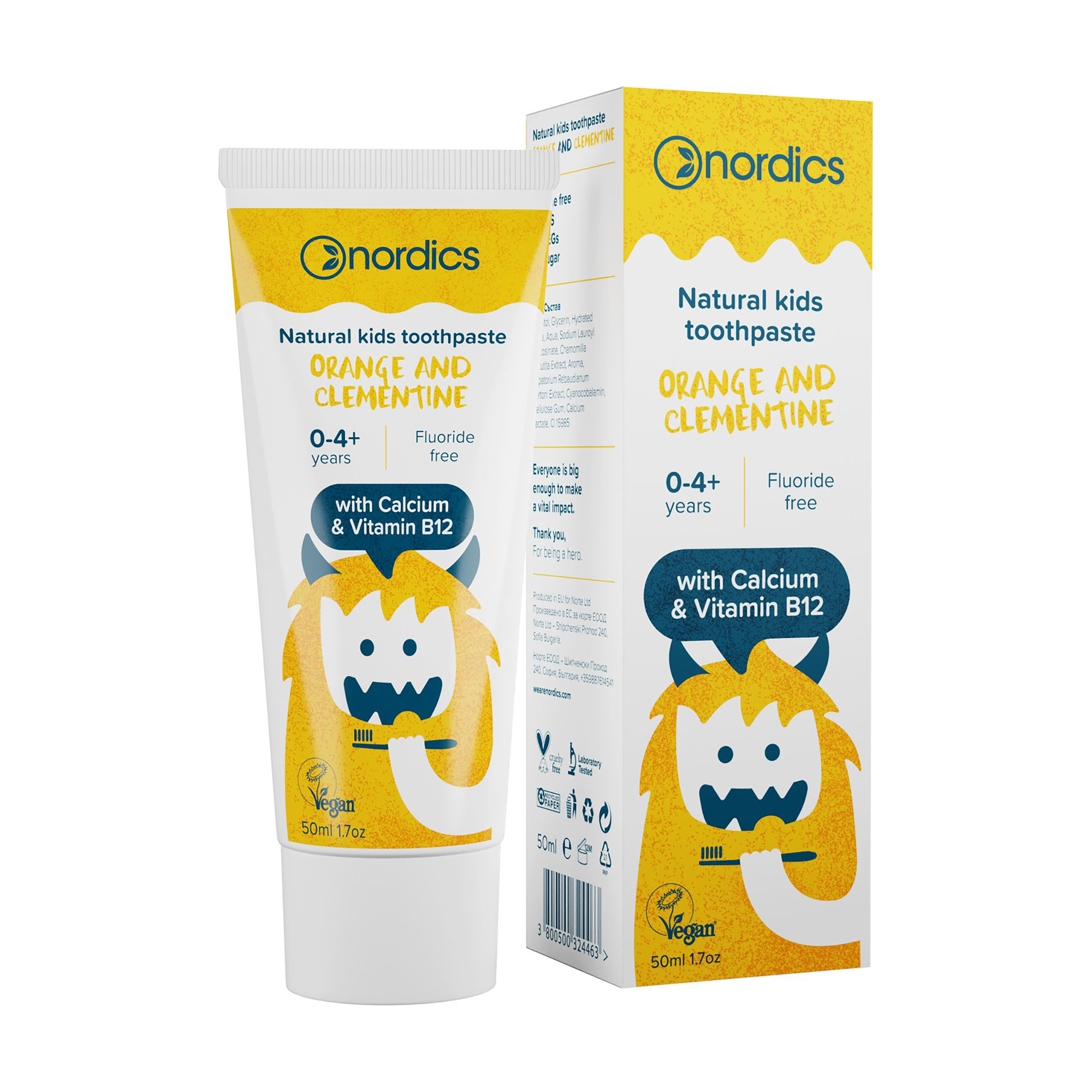 

Дитяча зубна паста Nordics Kids Orange & Clementine без фтору, з кальцієм та вітаміном B12, від 0 до 4 років, 50 мл