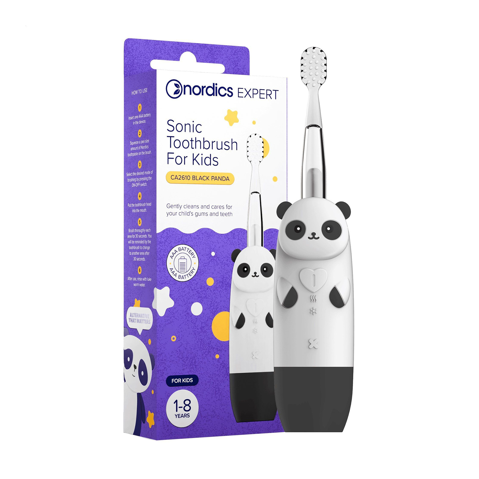 

Дитяча звукова зубна щітка Nordics Expert Sonic Toothbrush for Kids CA2610 Панда, чорна, 1 шт