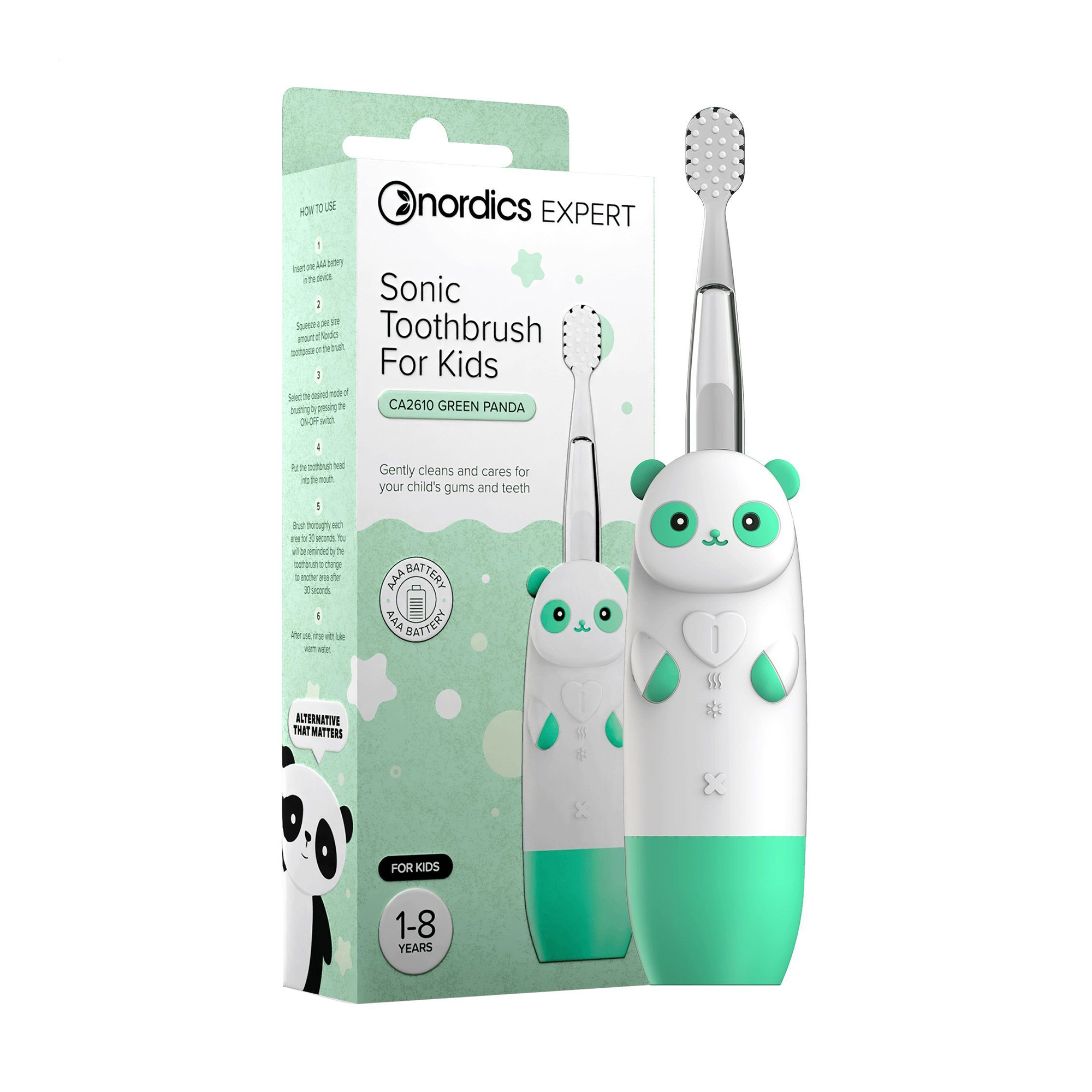 

Дитяча звукова зубна щітка Nordics Expert Sonic Toothbrush for Kids CA2610 Панда, зелена, 1 шт