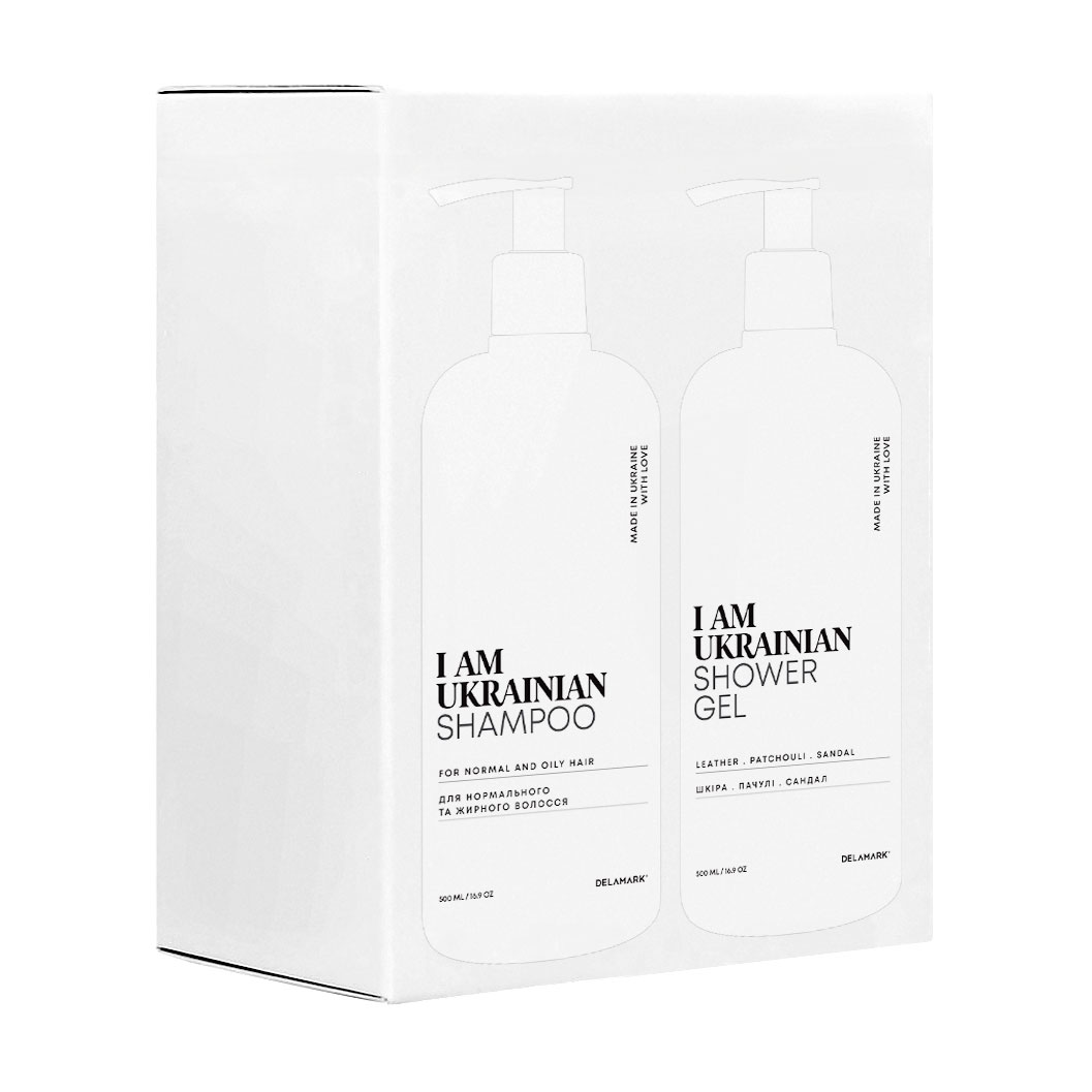 Уцінка! Набір Delamark I am Ukrainian (гель для душу з ароматом шкіри, пачулі, сандалу, 500 мл + шампунь для нормального та жирного волосся, 500 мл)