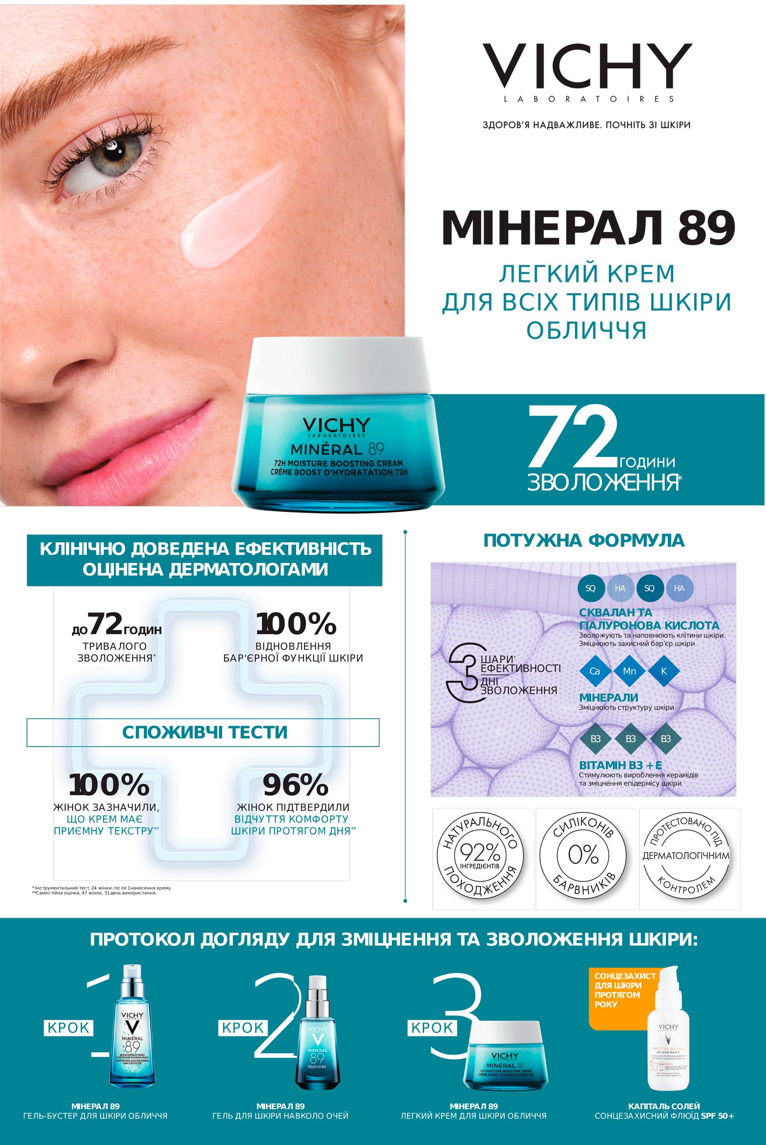 Легкий крем для всіх типів шкіри обличчя Vichy Mineral 89, 72H Moisture ...